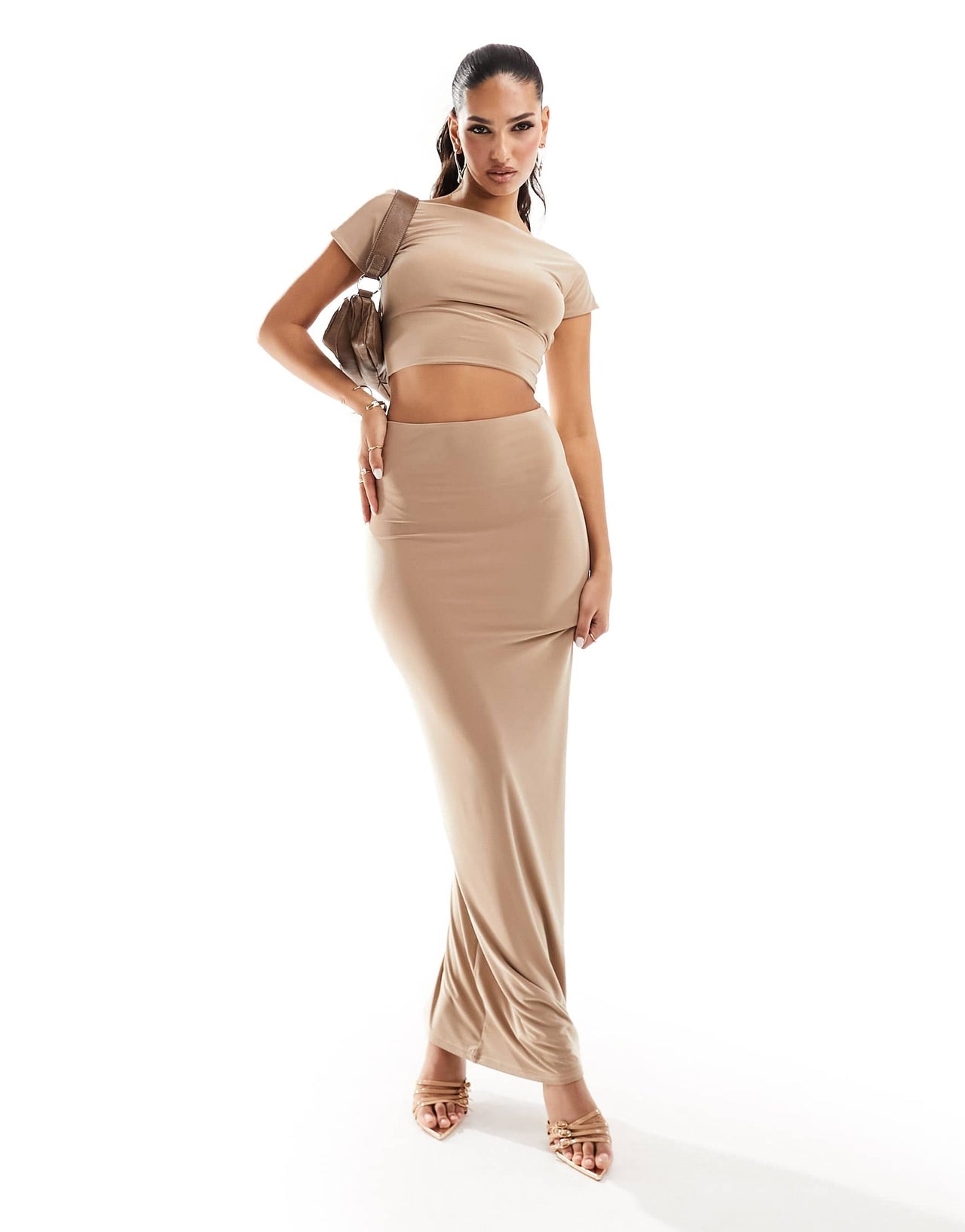 Kaiia exclusive double layered slinky low back top co-ord in camel