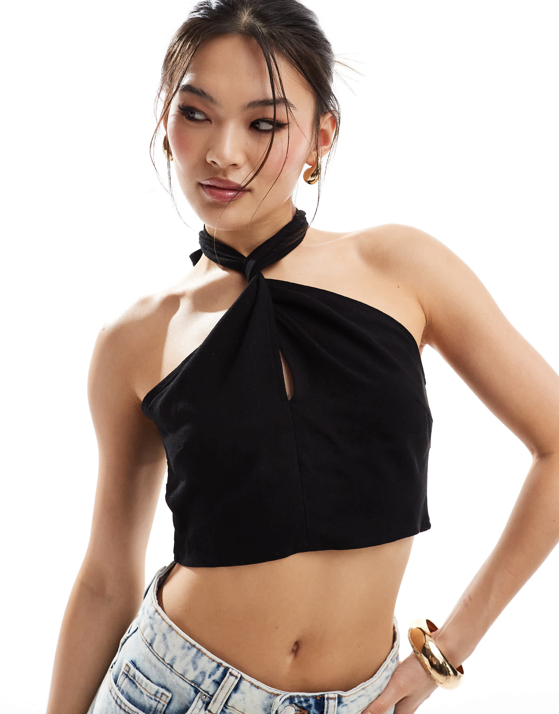 In The Style halterneck wrap front crop top in black