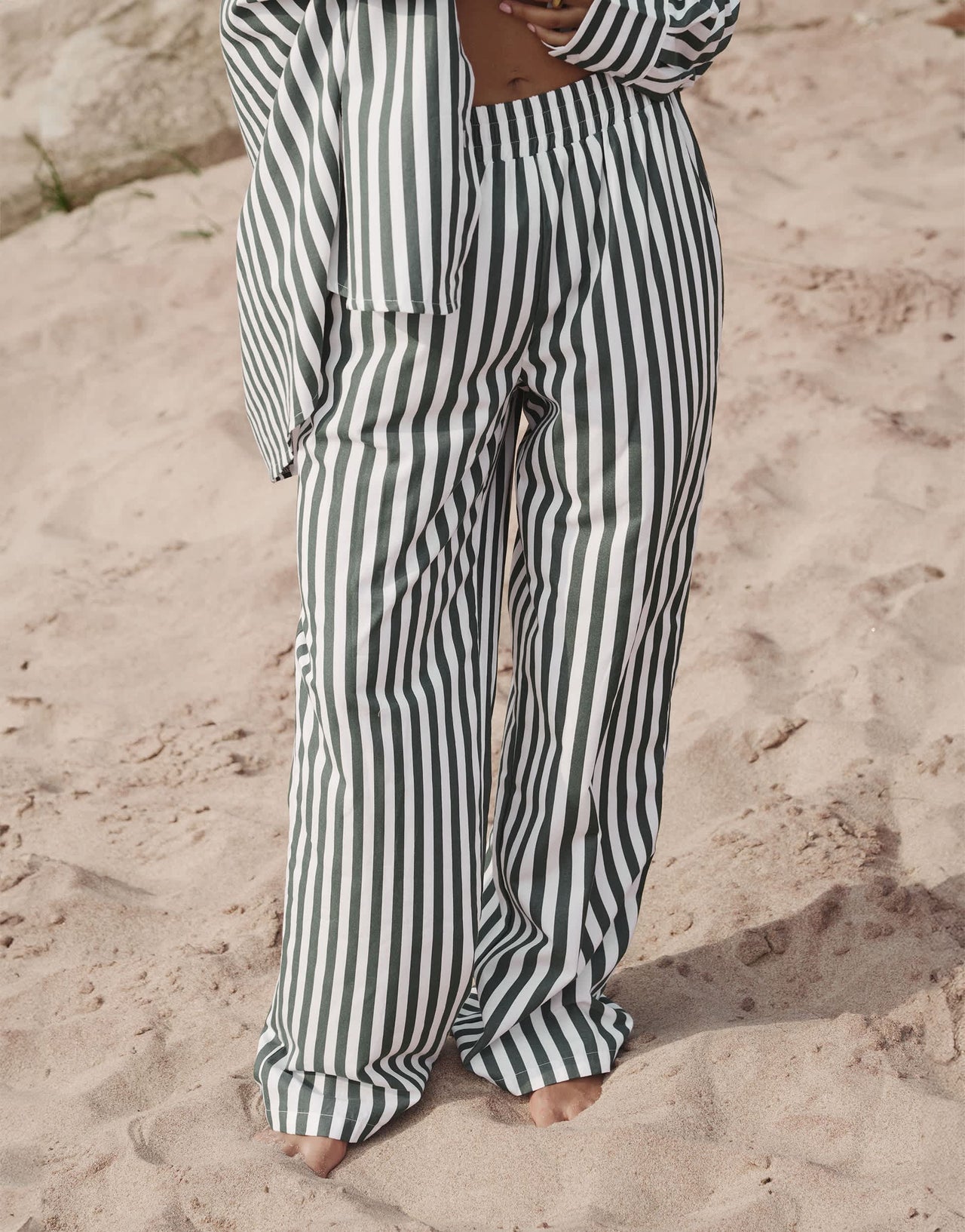 4th & Reckless x Loz Vassallo rio oversized stripe linen beach trouser co-ord in green