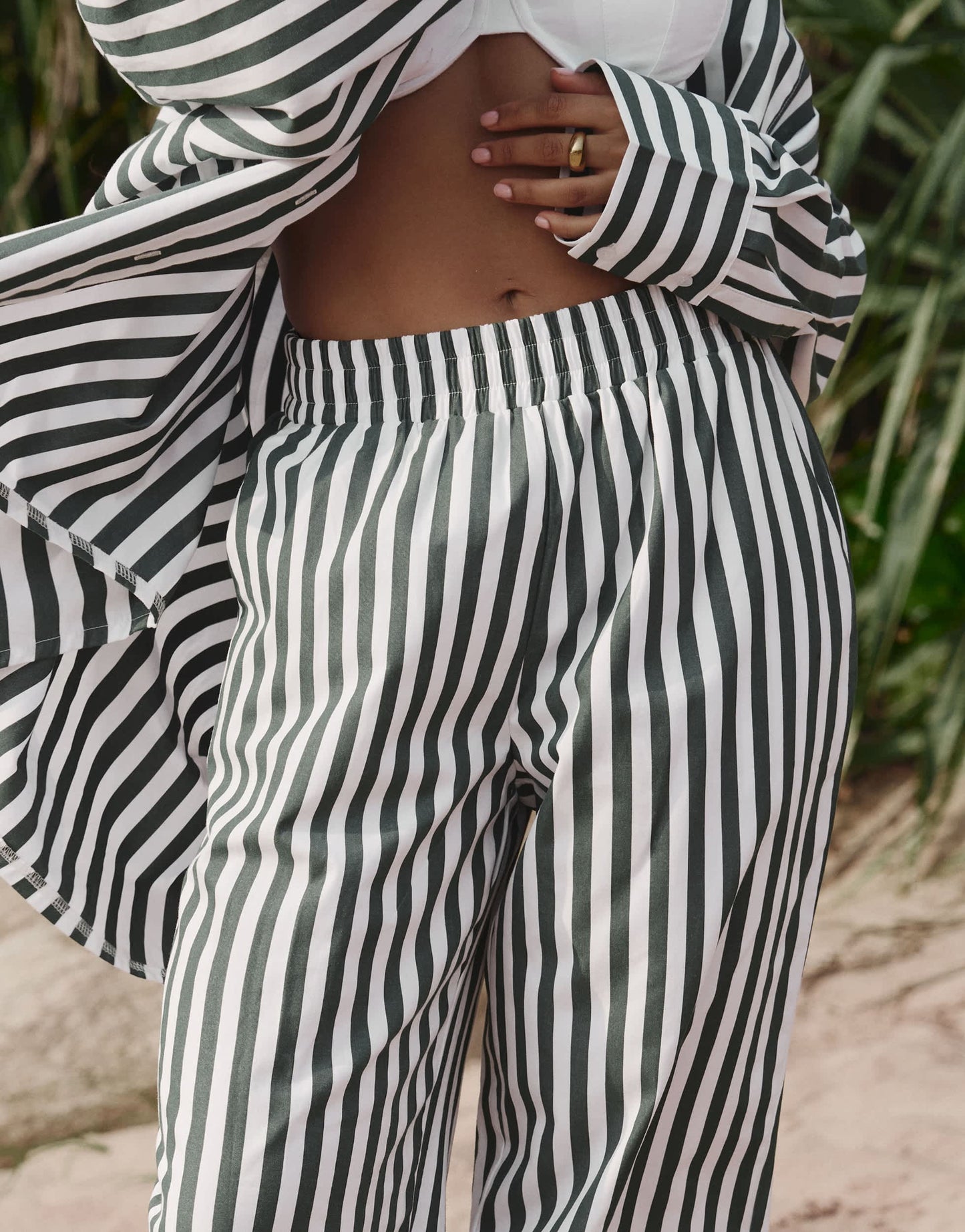 4th & Reckless x Loz Vassallo rio oversized stripe linen beach trouser co-ord in green
