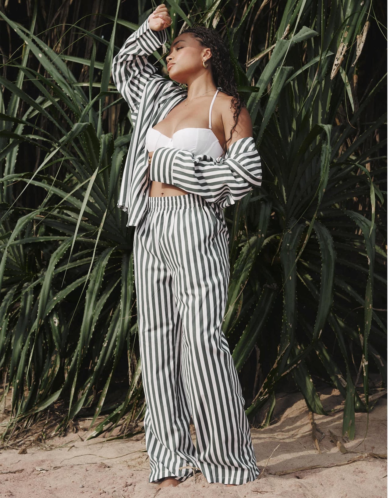 4th & Reckless x Loz Vassallo rio oversized stripe linen beach trouser co-ord in green