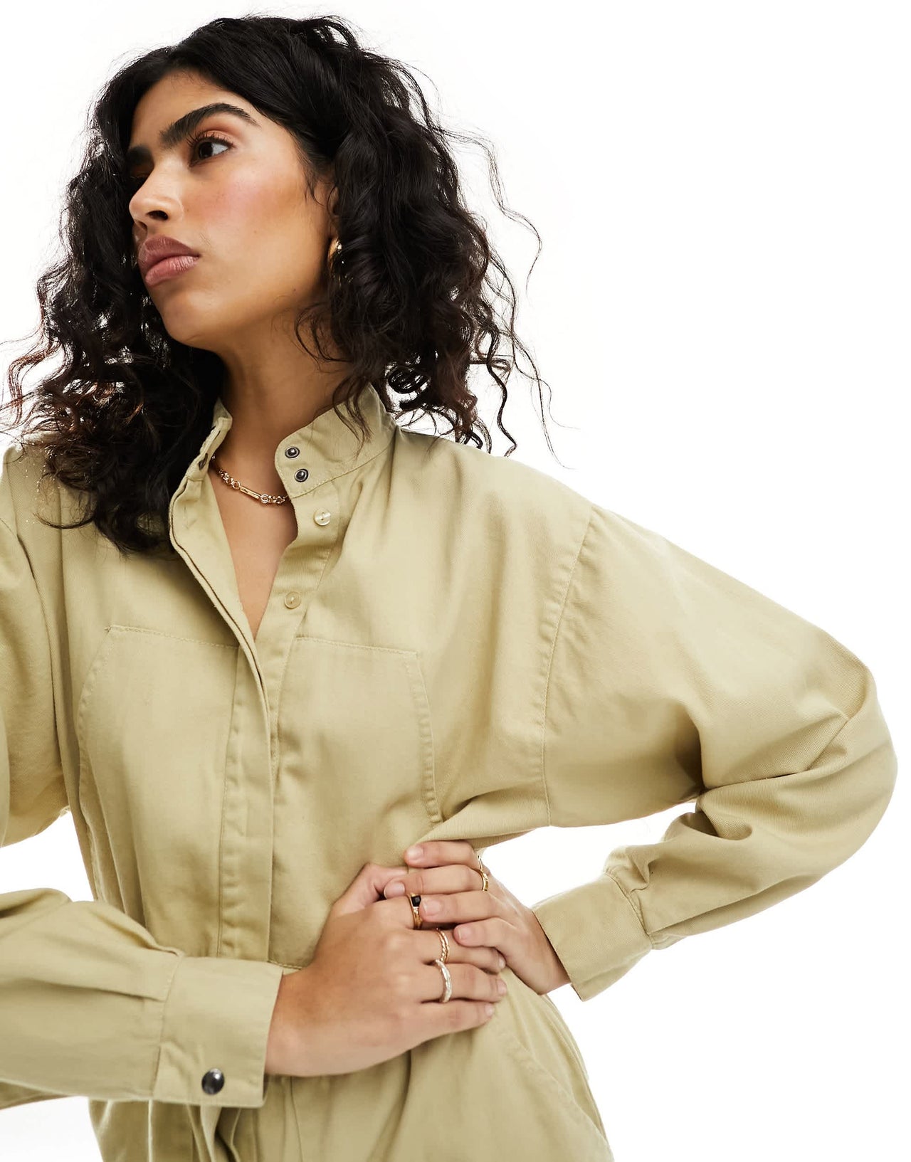 ASOS DESIGN elasticated waist tapered leg jumpsuit with concealed placket in sand