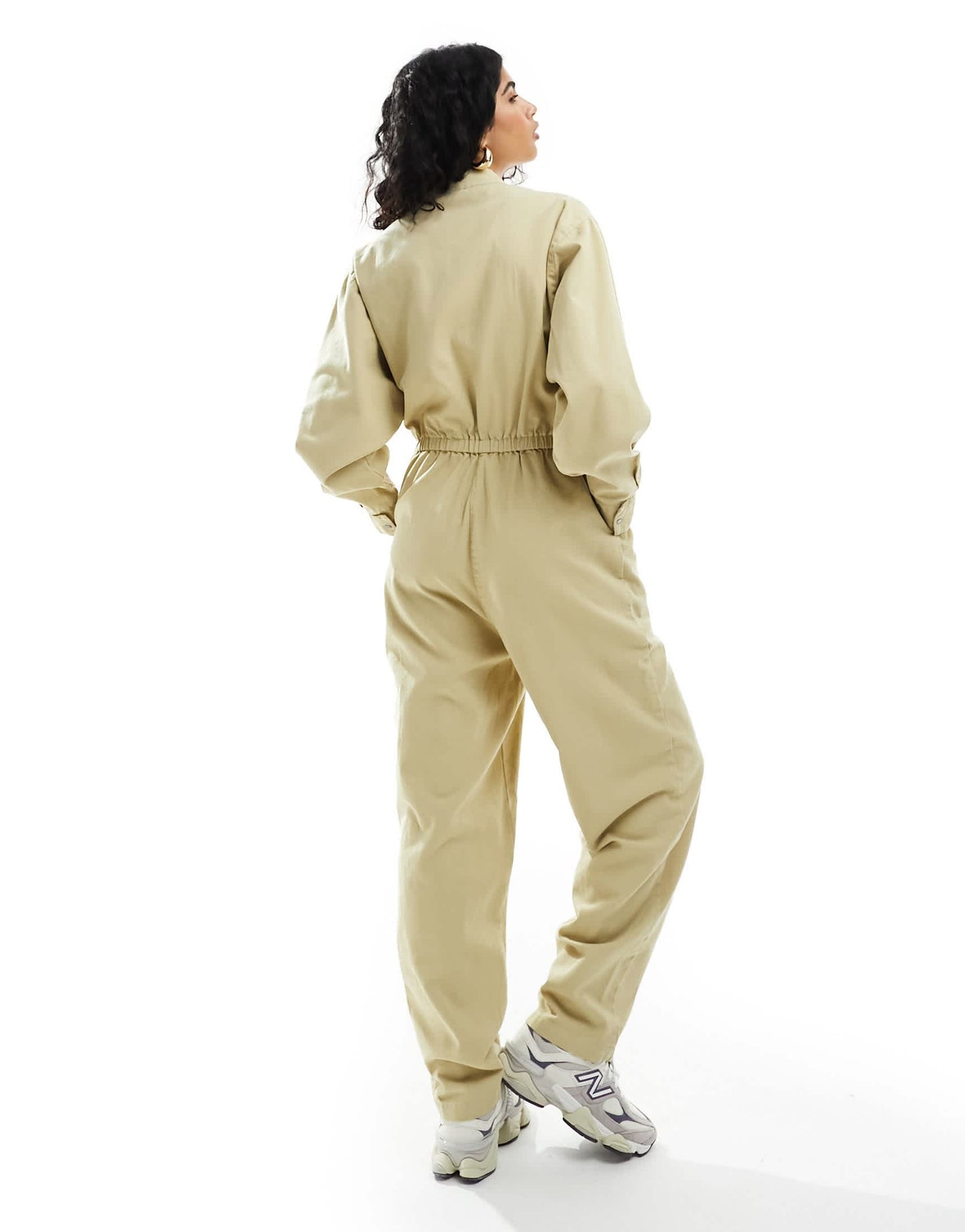 ASOS DESIGN elasticated waist tapered leg jumpsuit with concealed placket in sand