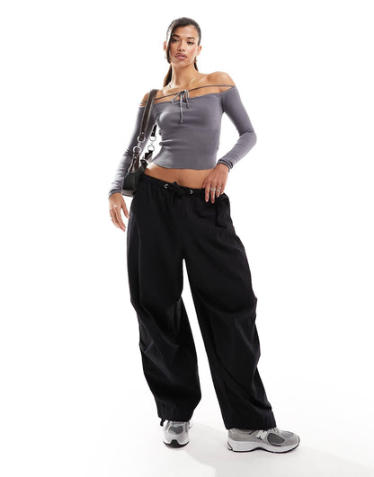 Edikted tie detail off shoulder crop top in grey