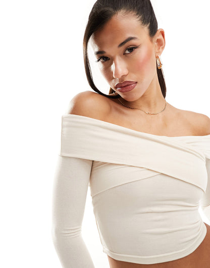Edikted cross body off shoulder cream fitted top