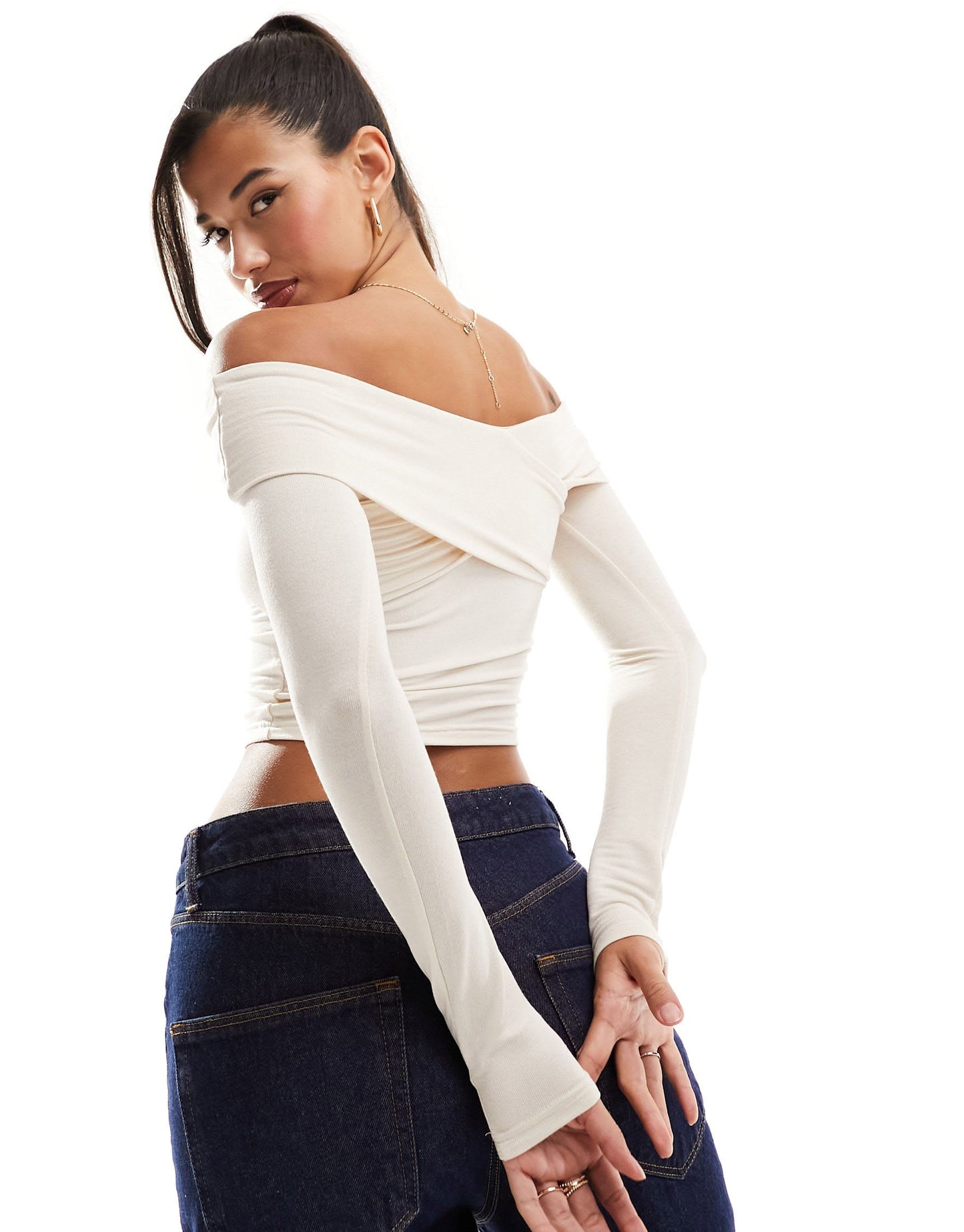 Edikted cross body off shoulder cream fitted top