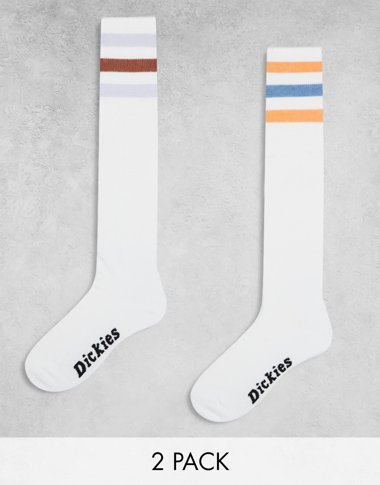 Dickies lutak long crew socks in white with blue and brown stripes