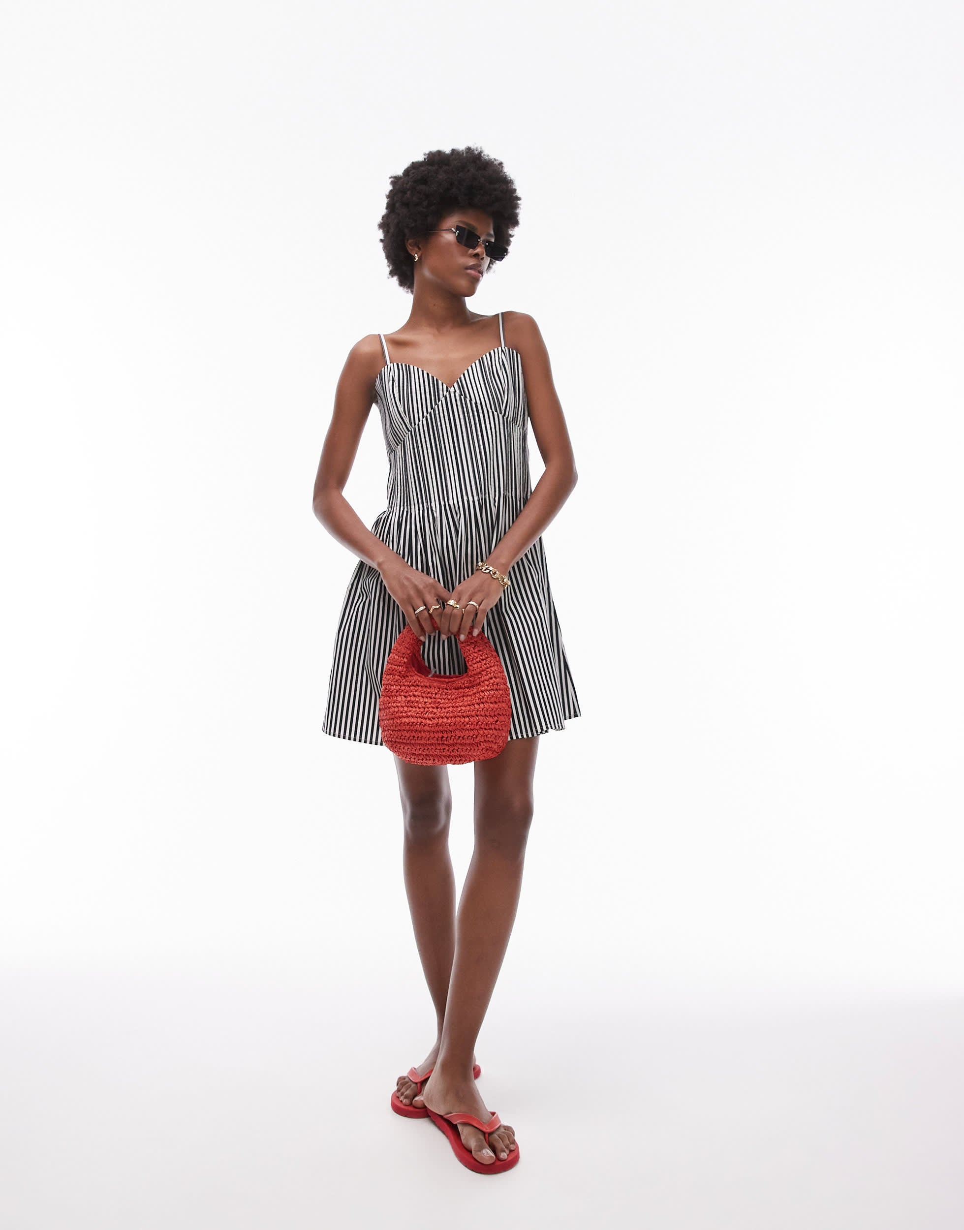 Topshop strappy pleated mini sundress in mono stripe
