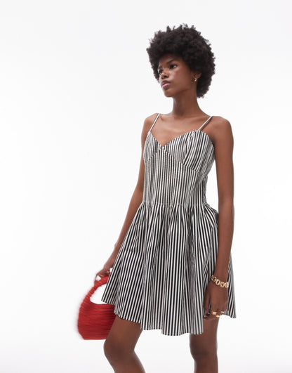 Topshop strappy pleated mini sundress in mono stripe