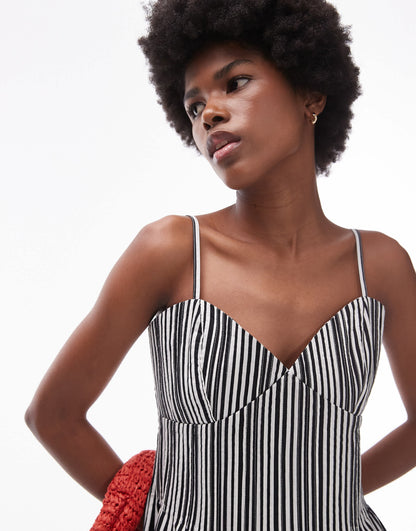 Topshop strappy pleated mini sundress in mono stripe