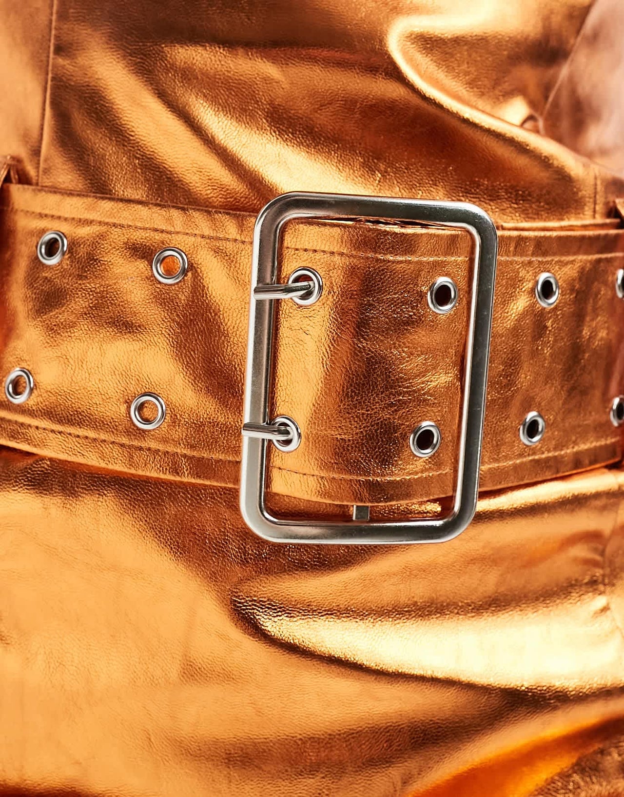 Annorlunda metallic faux leather buckle mini dress in orange