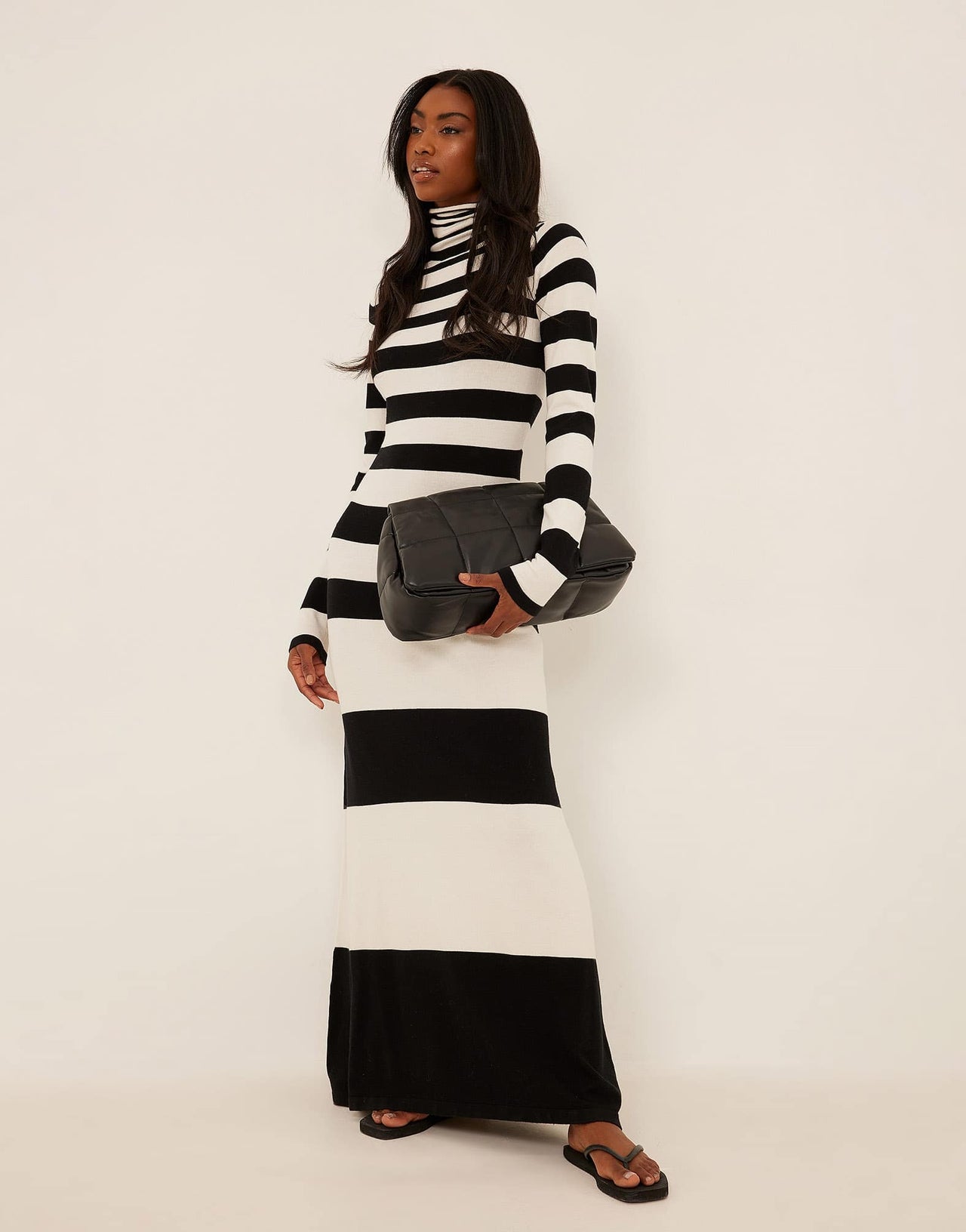 NA-KD fine knit high neck maxi dress in black and white stripe