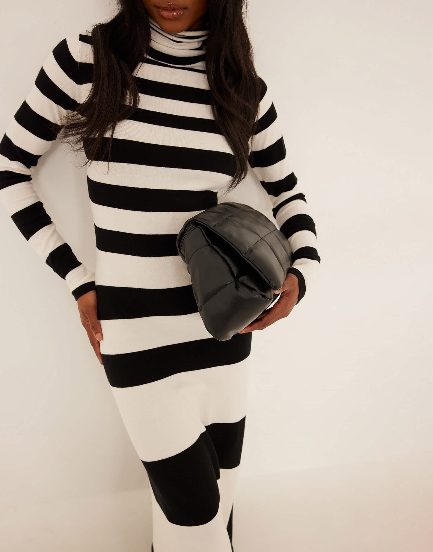 NA-KD fine knit high neck maxi dress in black and white stripe