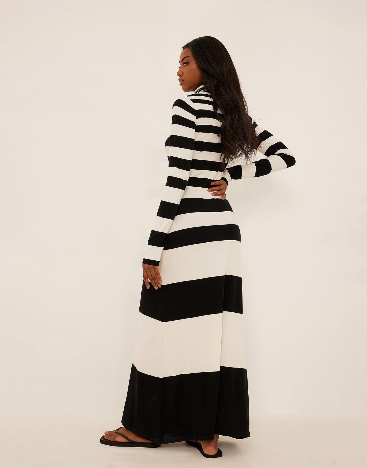 NA-KD fine knit high neck maxi dress in black and white stripe