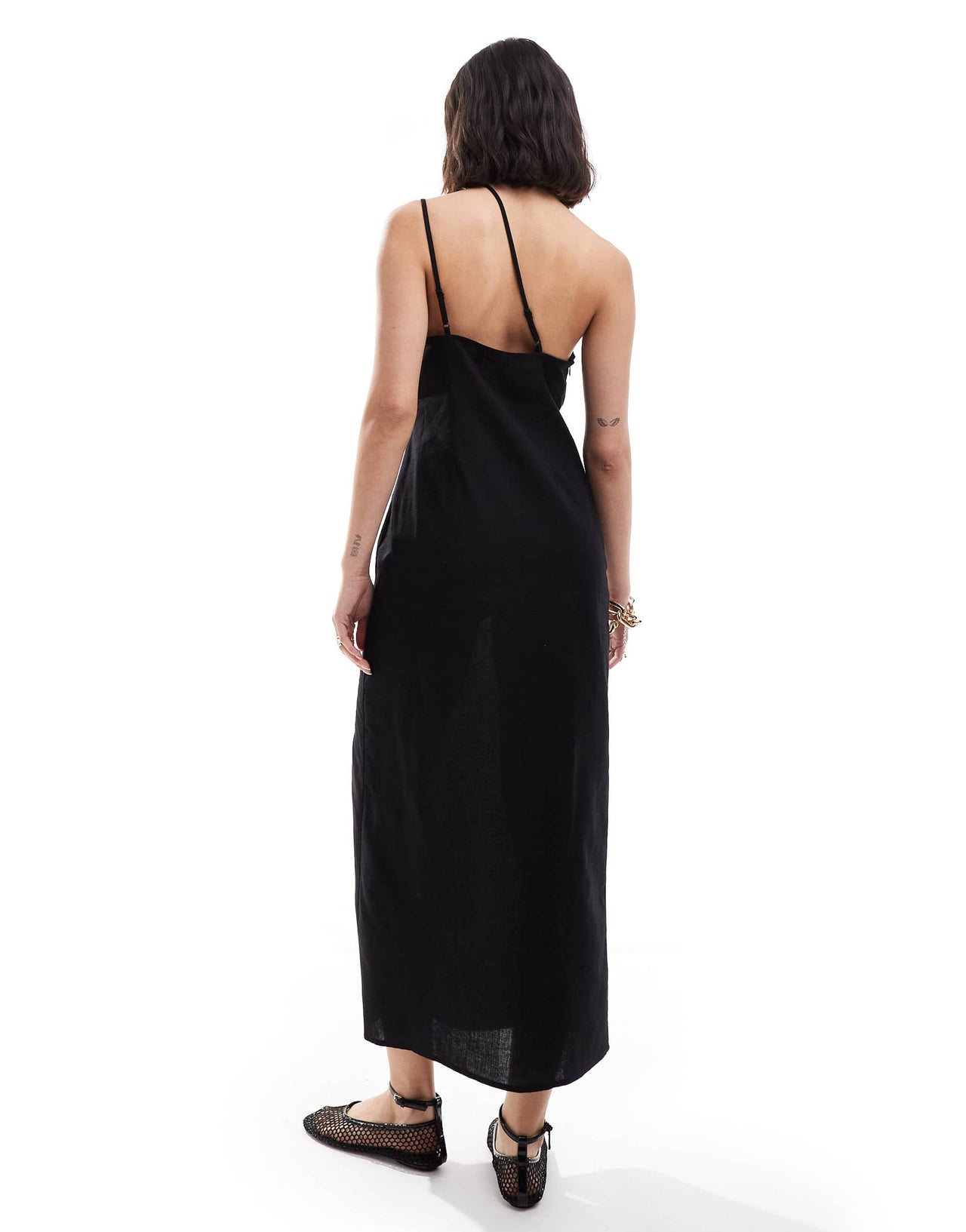 ASOS DESIGN one shoulder split strap linen midi sundress in black
