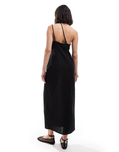 ASOS DESIGN one shoulder split strap linen midi sundress in black