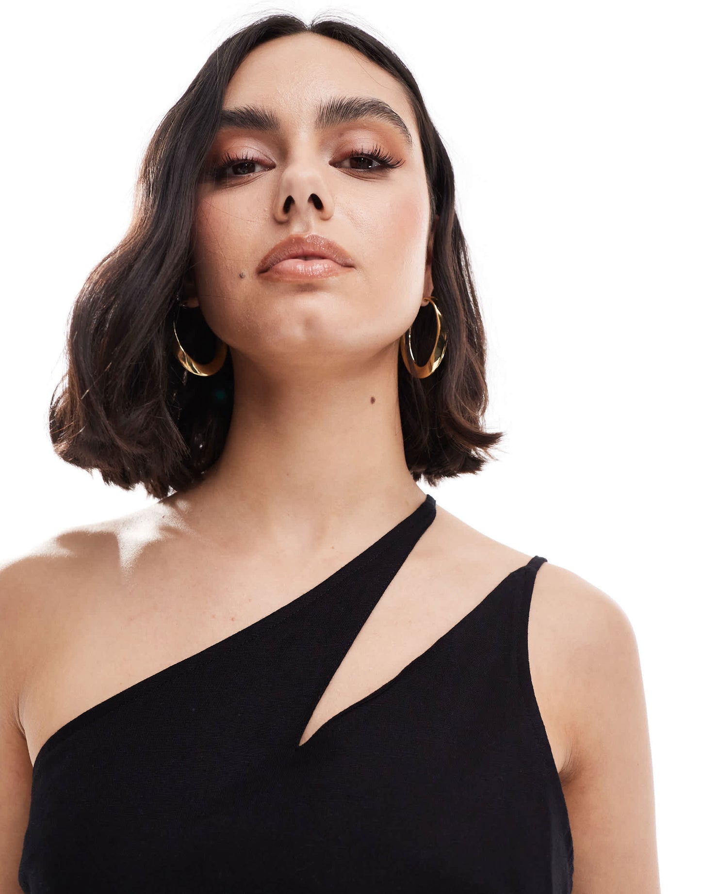 ASOS DESIGN one shoulder split strap linen midi sundress in black