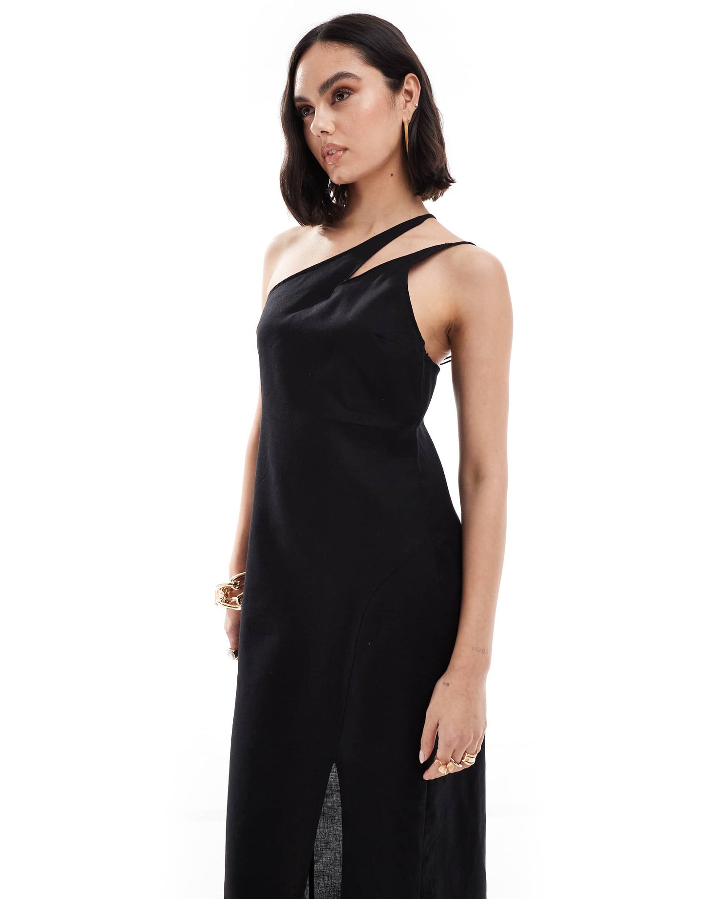ASOS DESIGN one shoulder split strap linen midi sundress in black