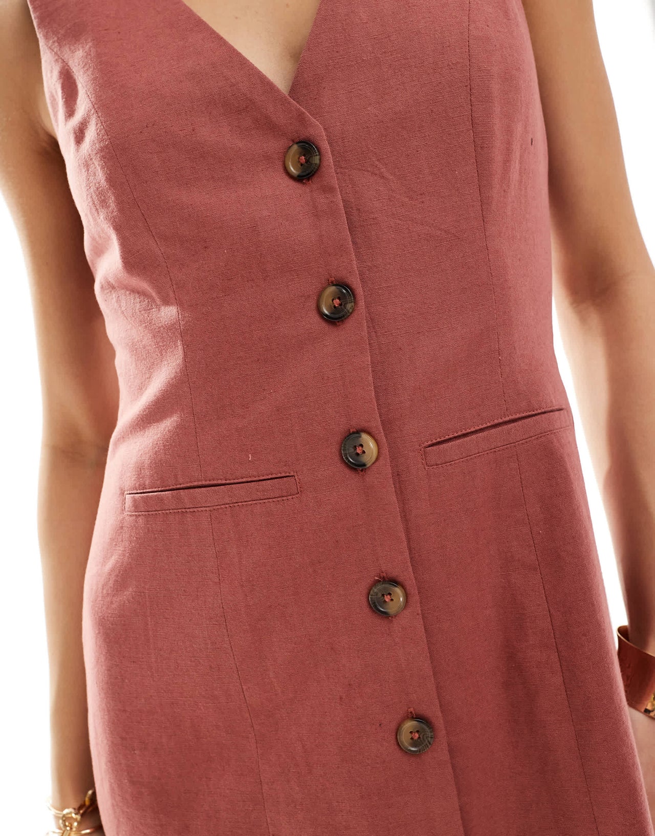 ASOS DESIGN mini button through linen waistcoat dress in tobacco