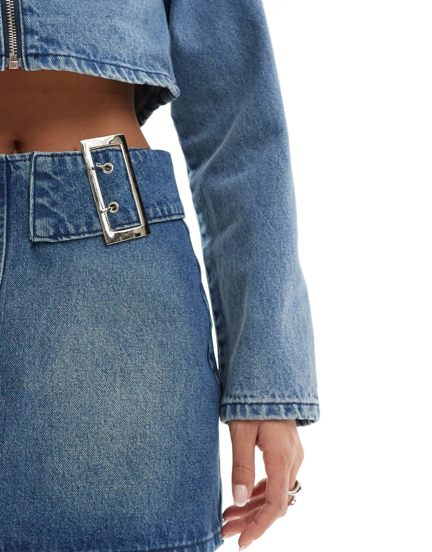 Simmi denim mini skirt with dual buckle detail co-ord in mid wash blue