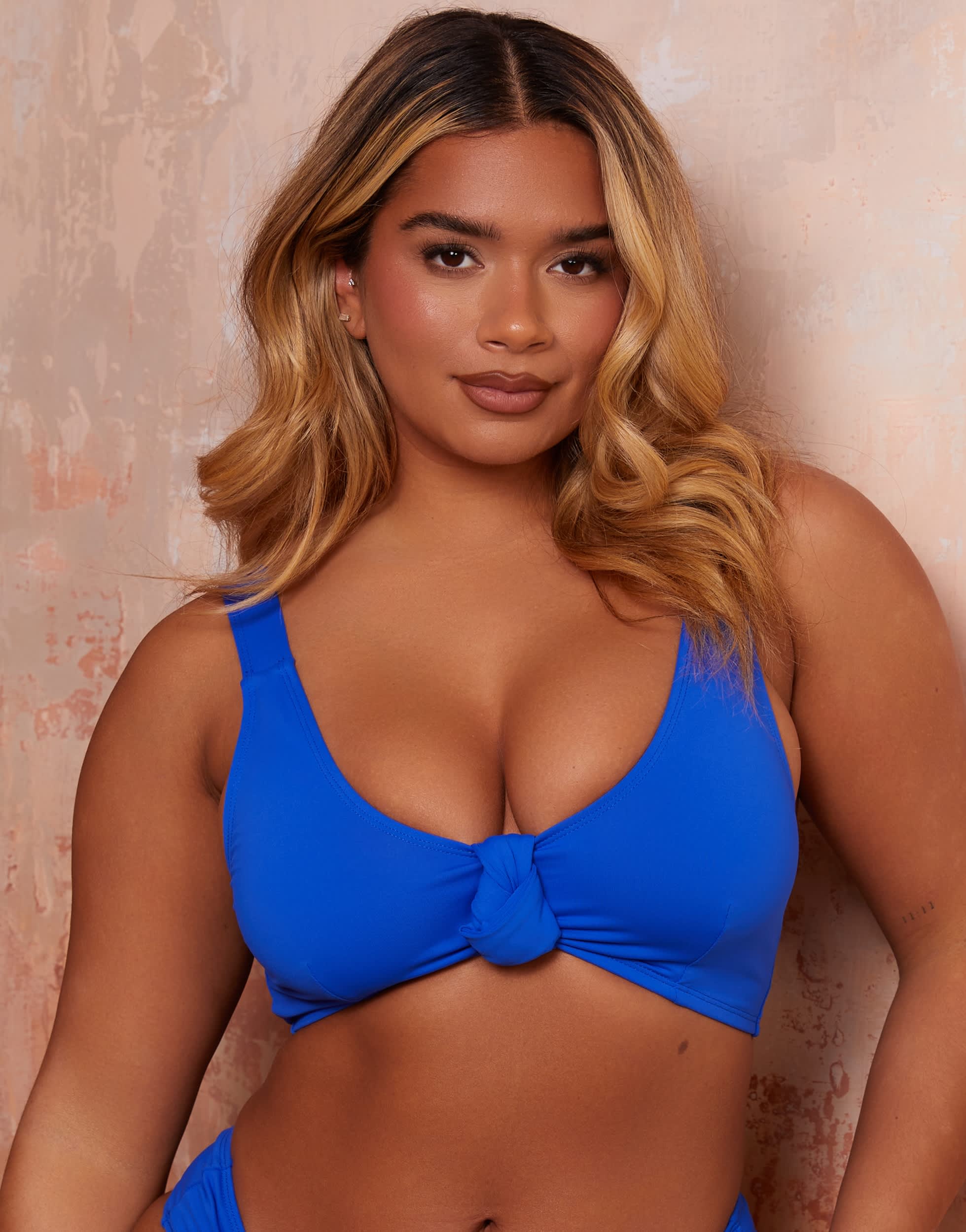 Wolf & Whistle X Natalie Gessey Fuller Bust  bikini top in colbalt blue with knot detail straps