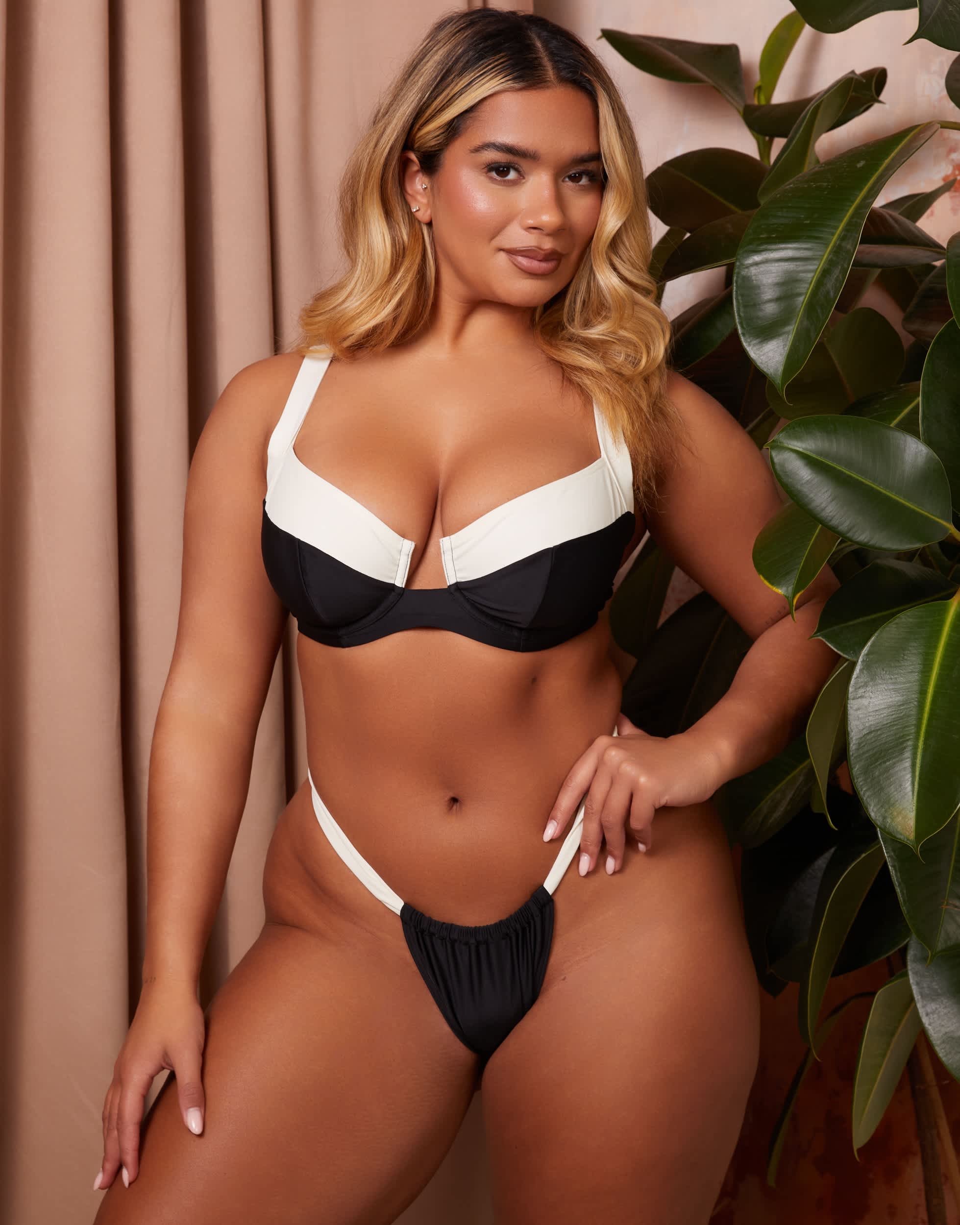 Wolf & Whistle X Natalie Gessey Fuller Bust bikini bottom in black and white with contrast detail