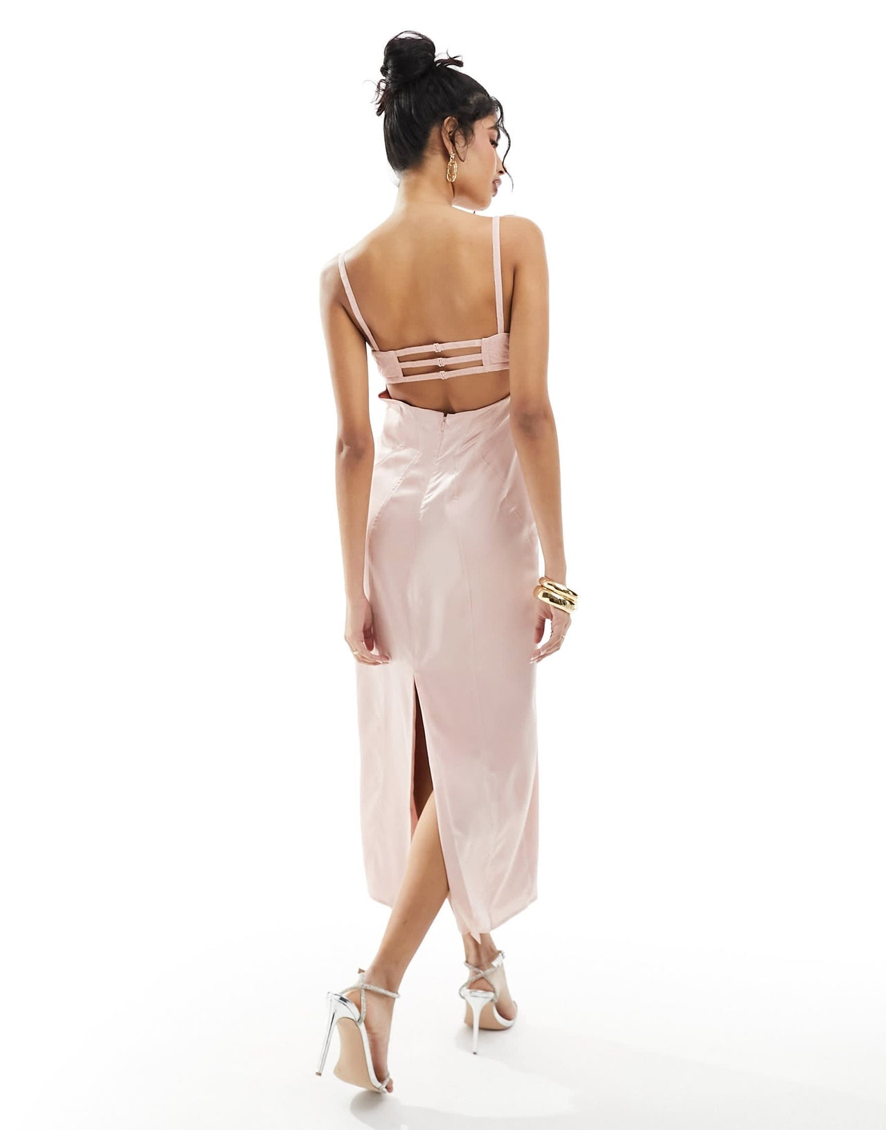 ASOS DESIGN satin corset pencil midi dress with lace overlay in pink