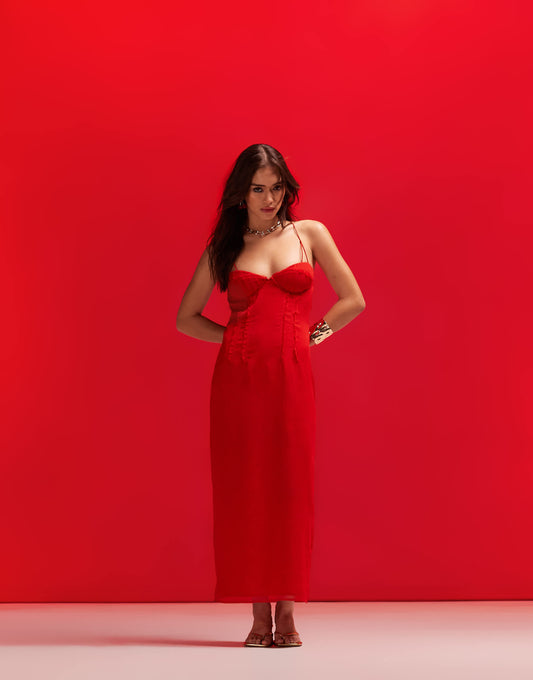 ASOS DESIGN cupped panelled chiffon midi pencil dress with cut out detail in bright red