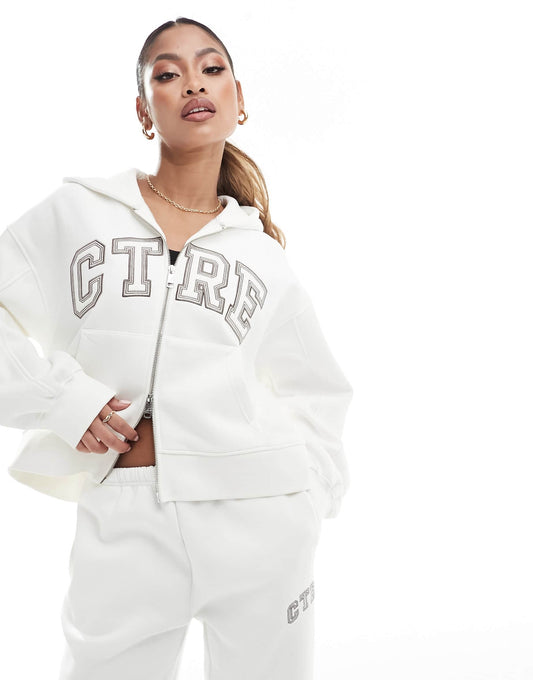The Couture Club co-ord varsity zip through hoodie in off white