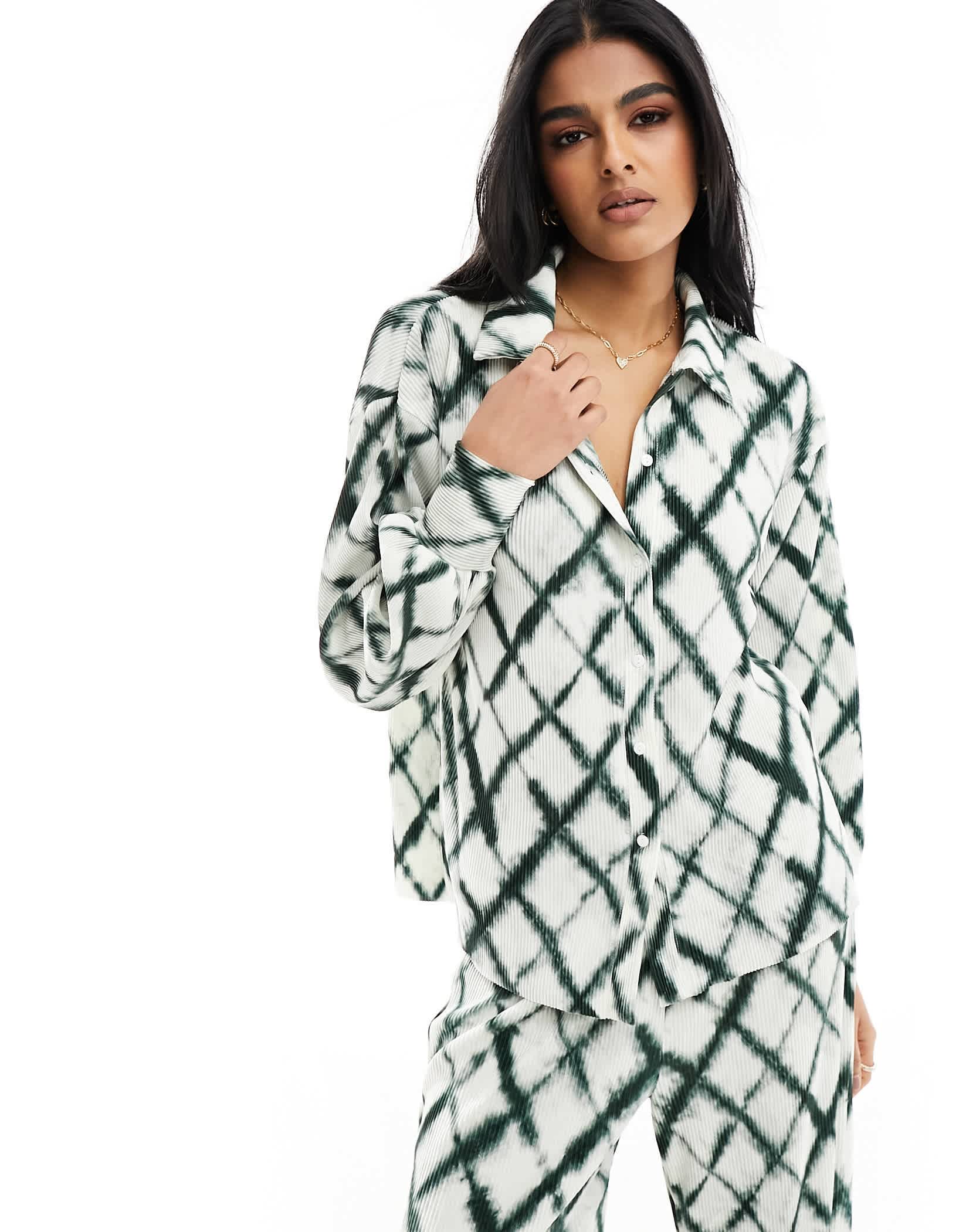 Vero Moda plisse shirt co-ord in tie dye check