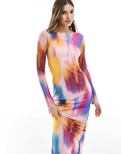 Vero Moda long sleeved mesh dress in blurred multi print