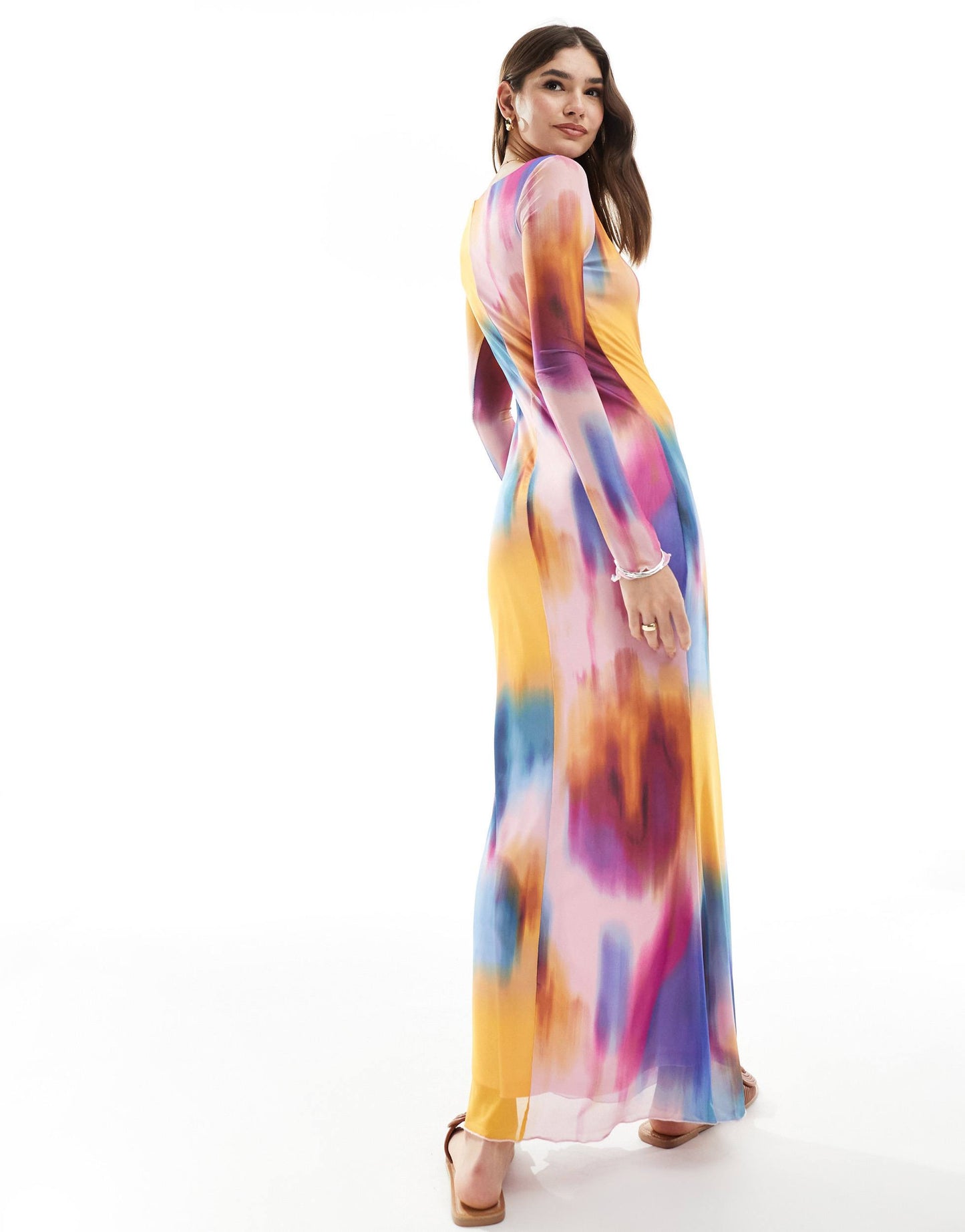 Vero Moda long sleeved mesh dress in blurred multi print