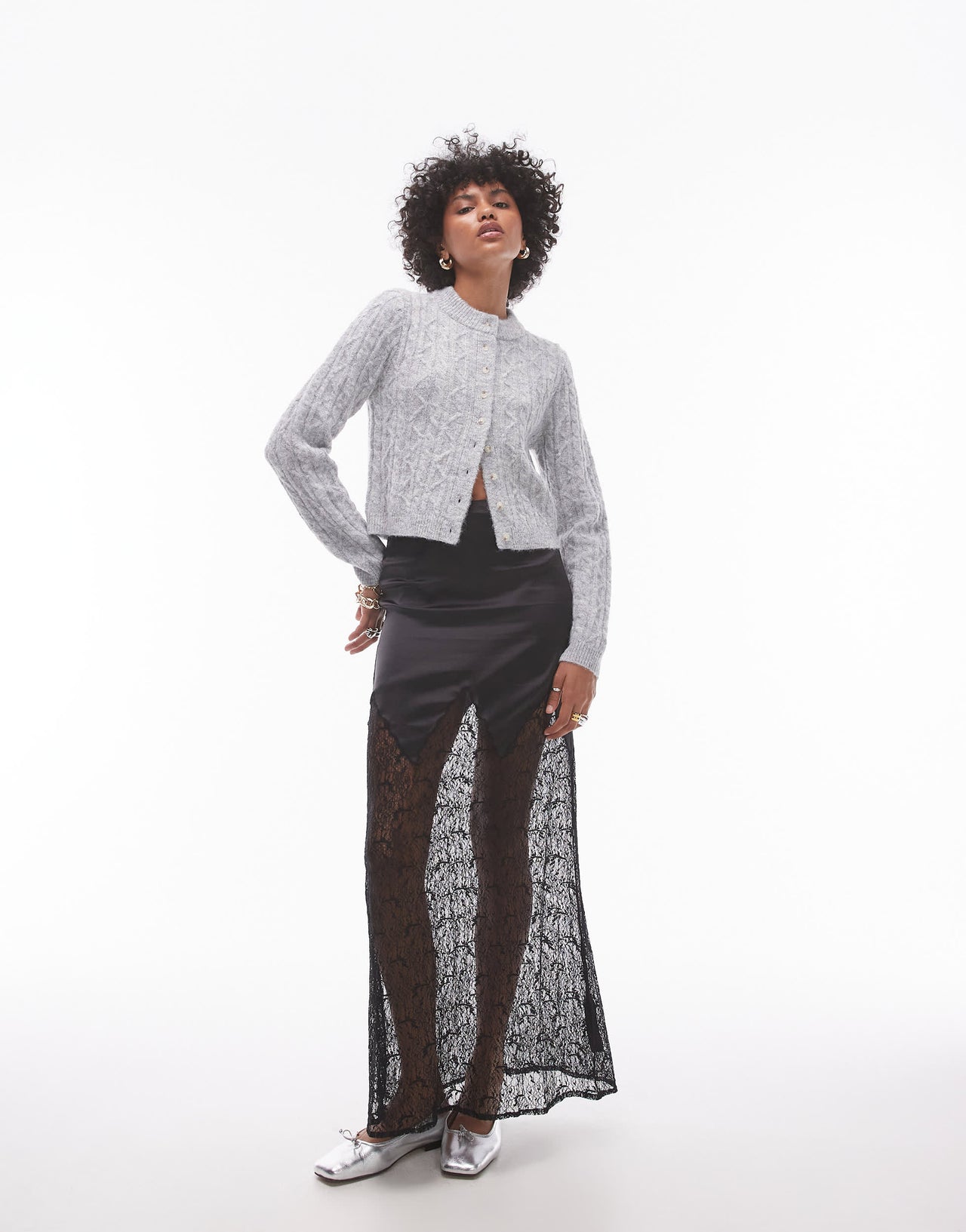 Topshop knitted cable micro cardi in grey