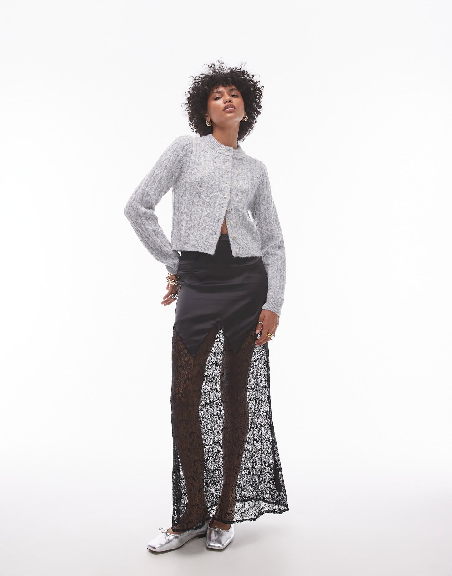Topshop knitted cable micro cardi in grey