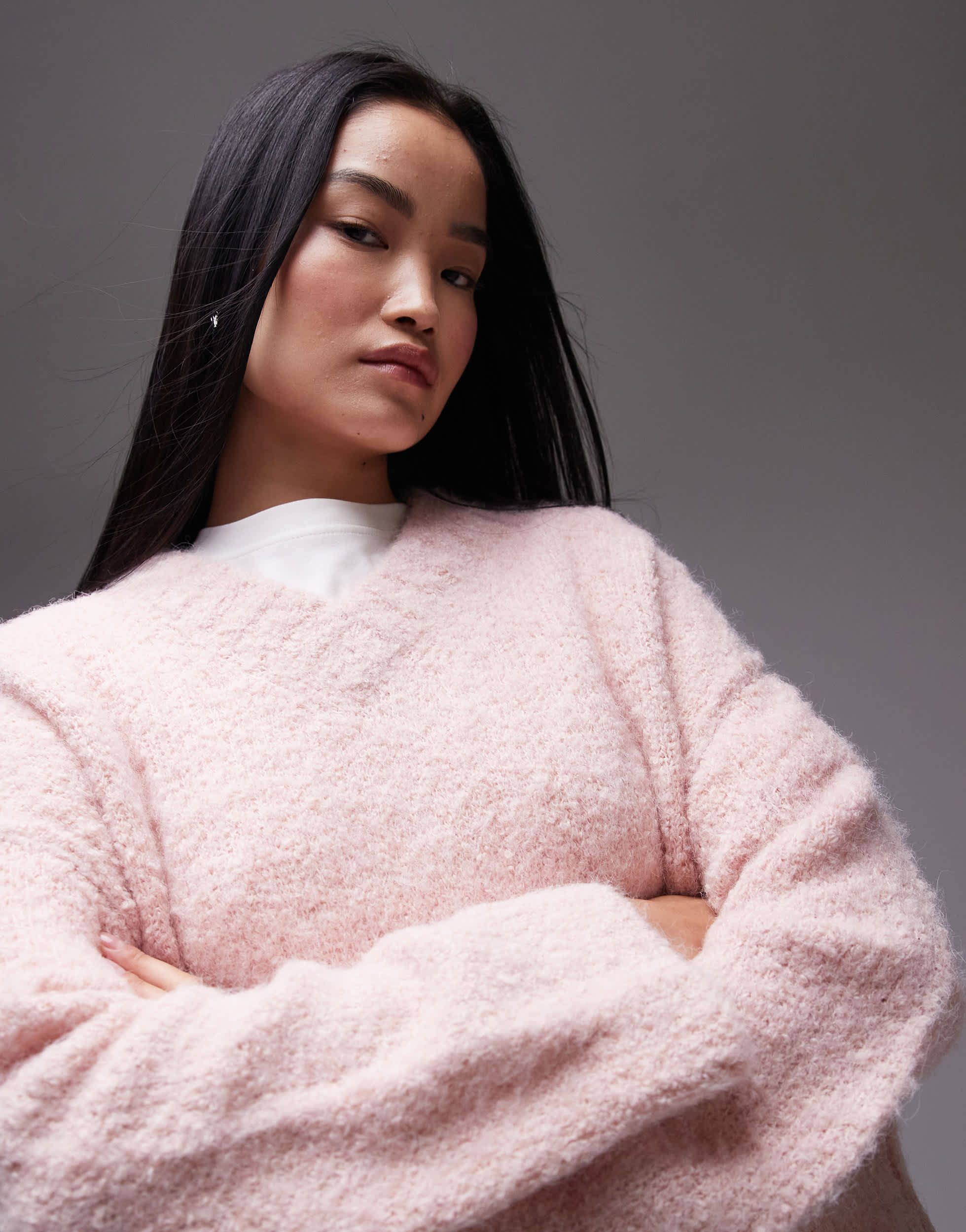 Topshop knitted high v-neck boucle jumper in pink