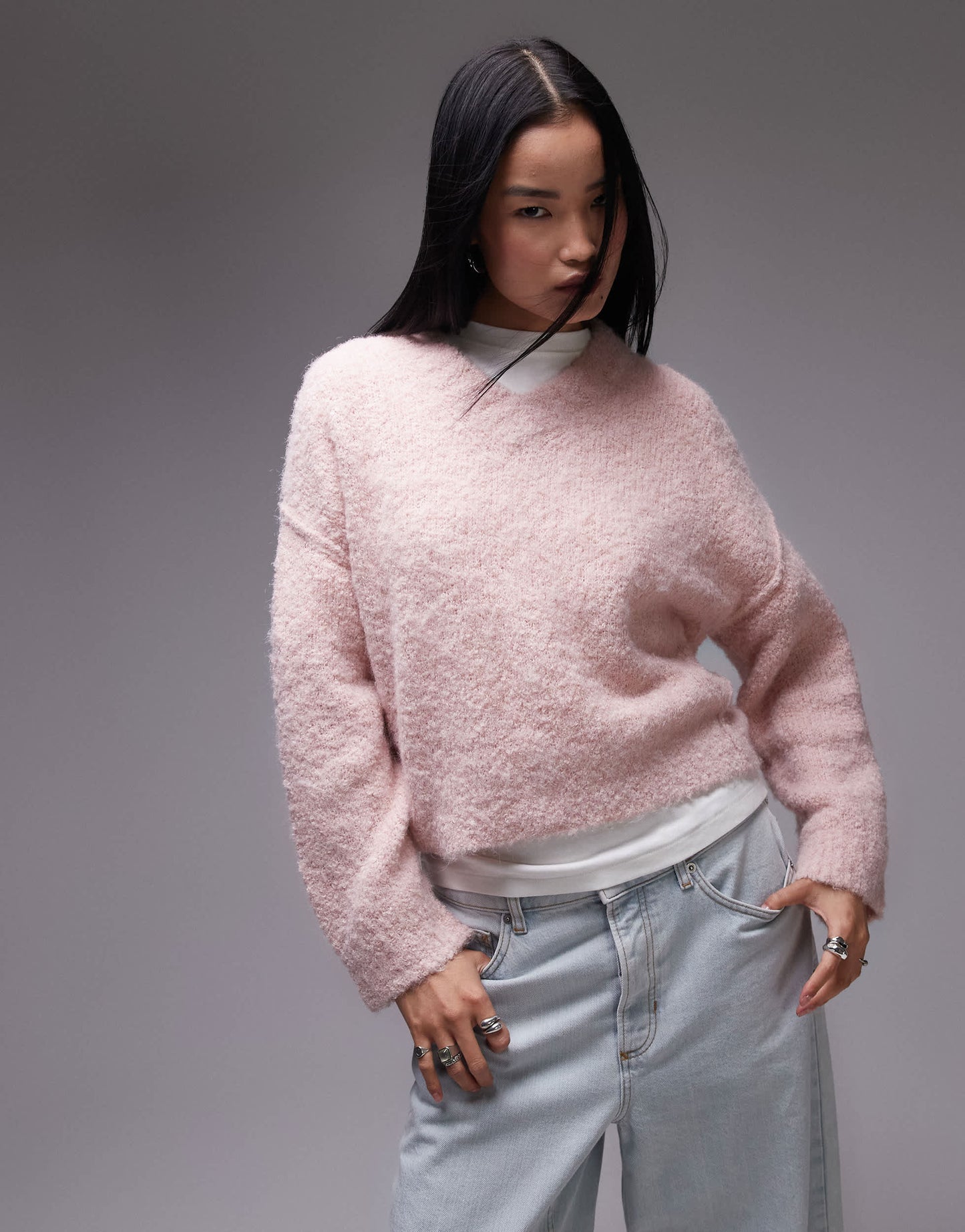 Topshop knitted high v-neck boucle jumper in pink