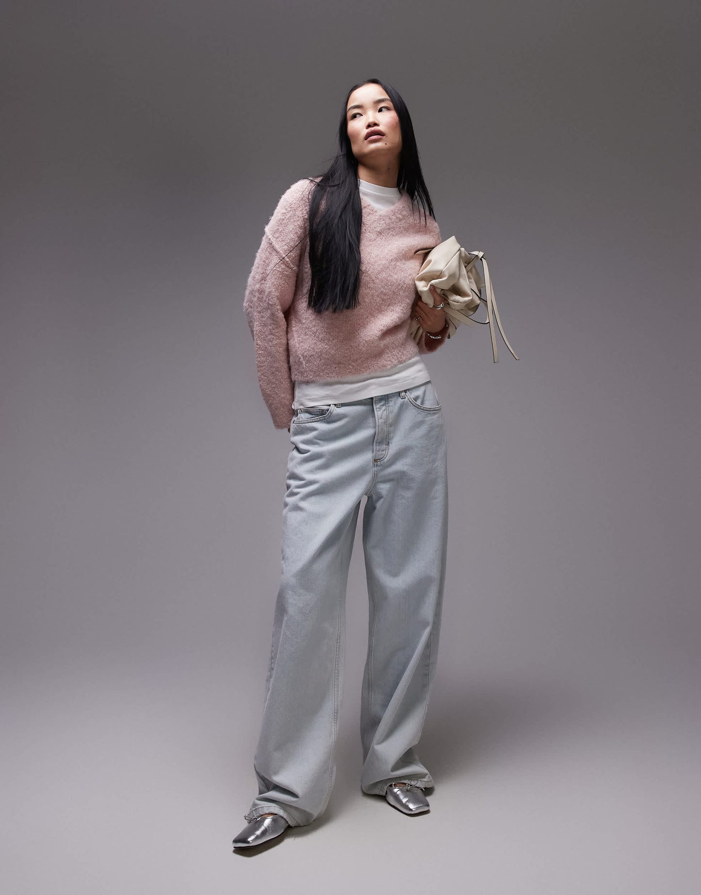 Topshop knitted high v-neck boucle jumper in pink