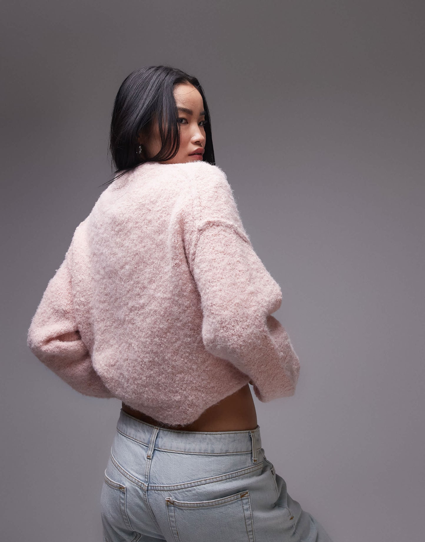 Topshop knitted high v-neck boucle jumper in pink