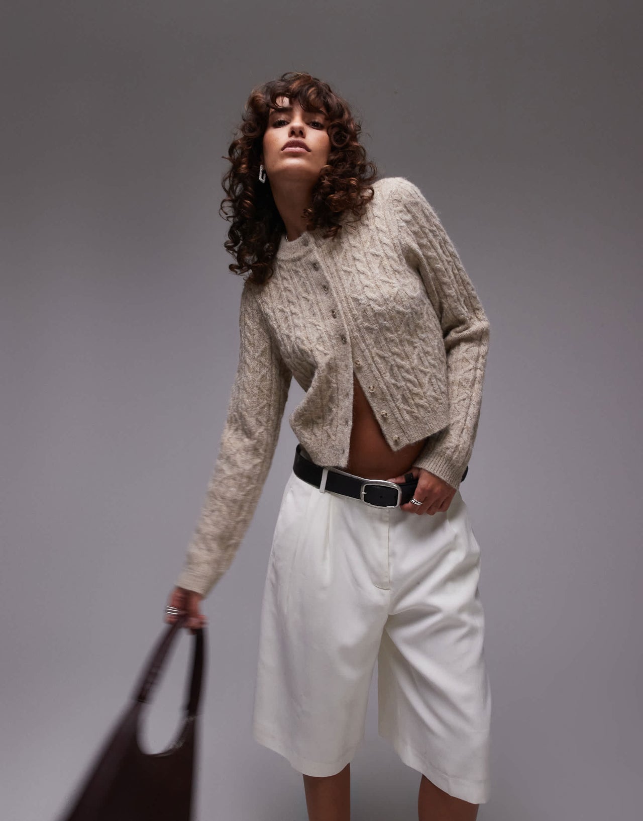 Topshop knitted cable micro cardi in oat