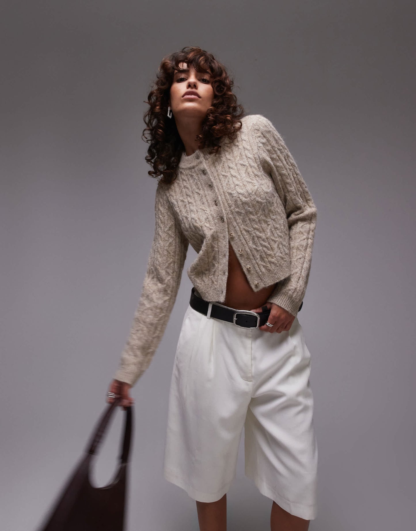 Topshop knitted cable micro cardi in oat