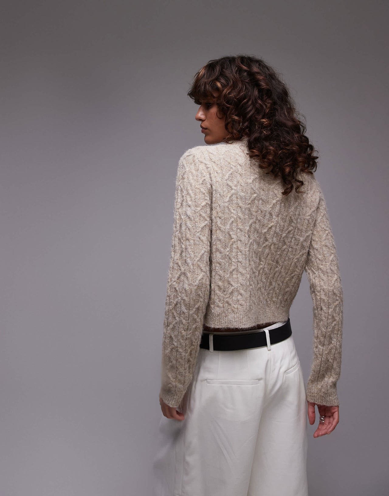 Topshop knitted cable micro cardi in oat