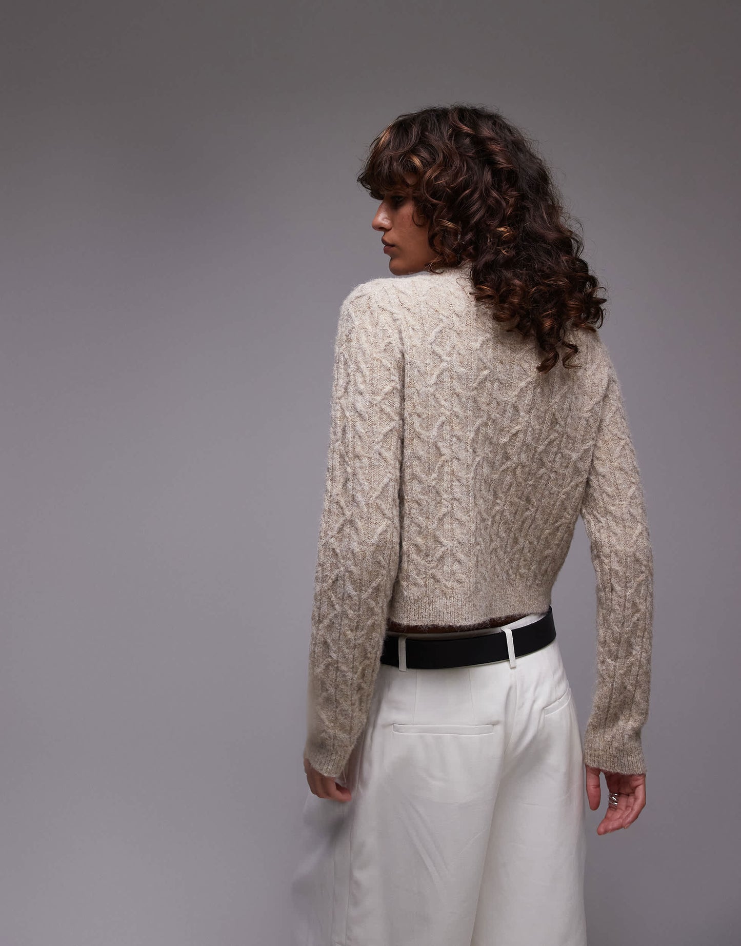Topshop knitted cable micro cardi in oat