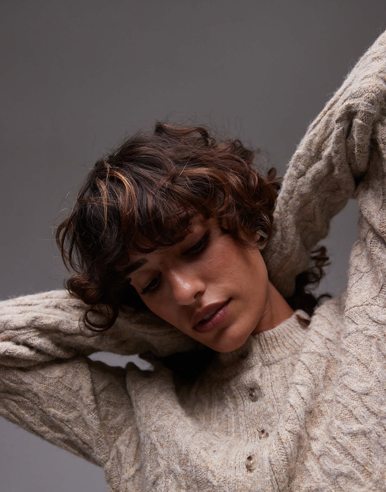 Topshop knitted cable micro cardi in oat