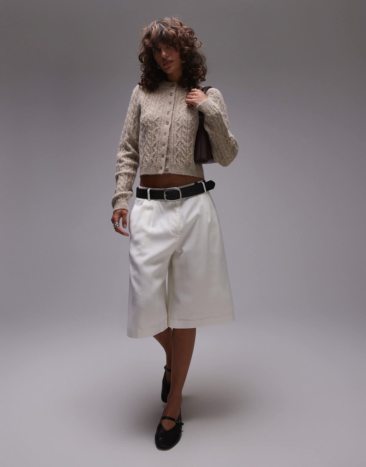 Topshop knitted cable micro cardi in oat