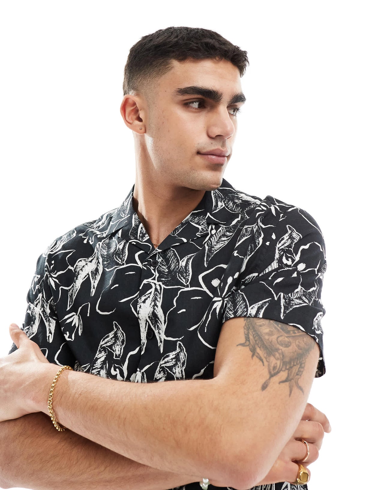 ASOS DESIGN relaxed revere linen look shirt with floral print in black