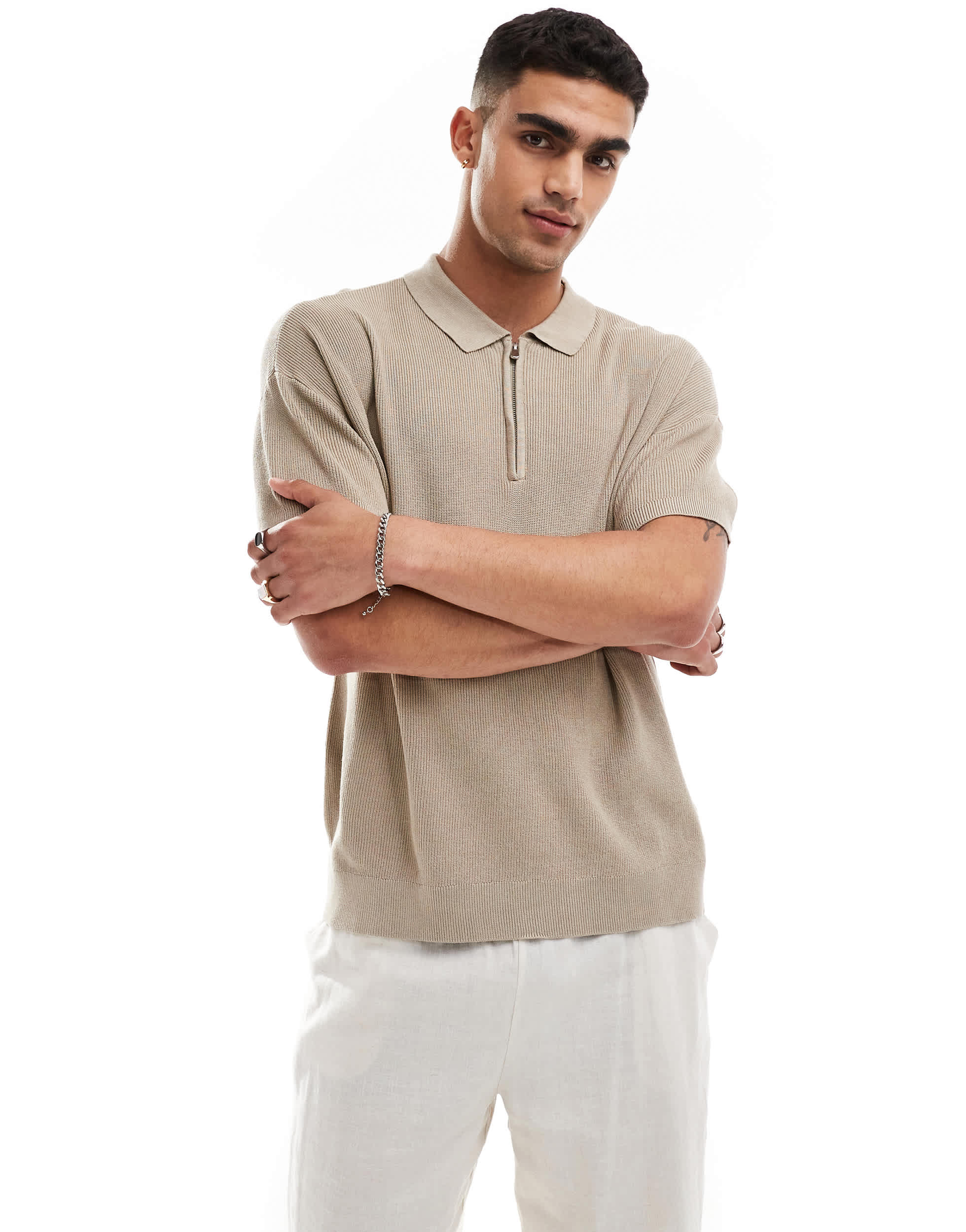 New Look 1/4 zip short sleeve knitted polo in beige