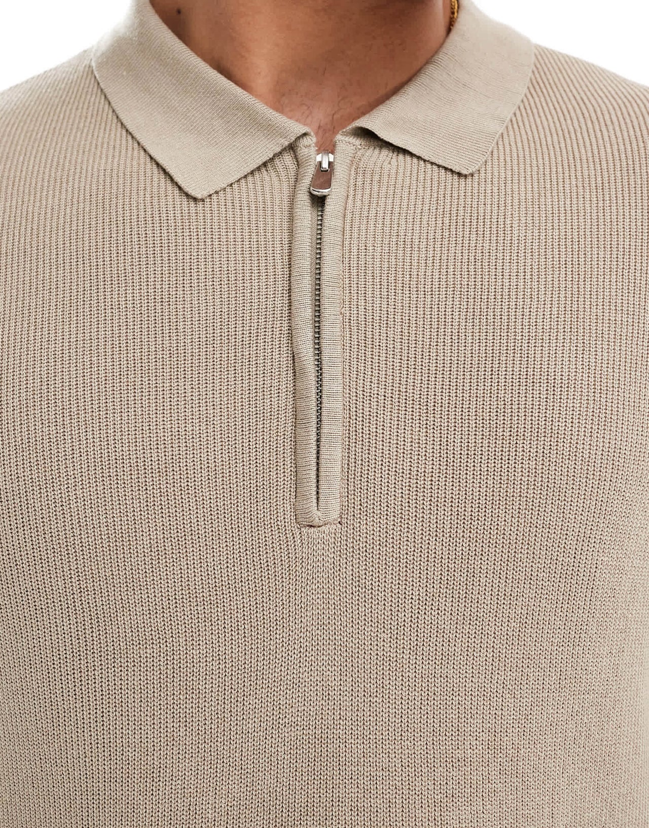 New Look 1/4 zip short sleeve knitted polo in beige