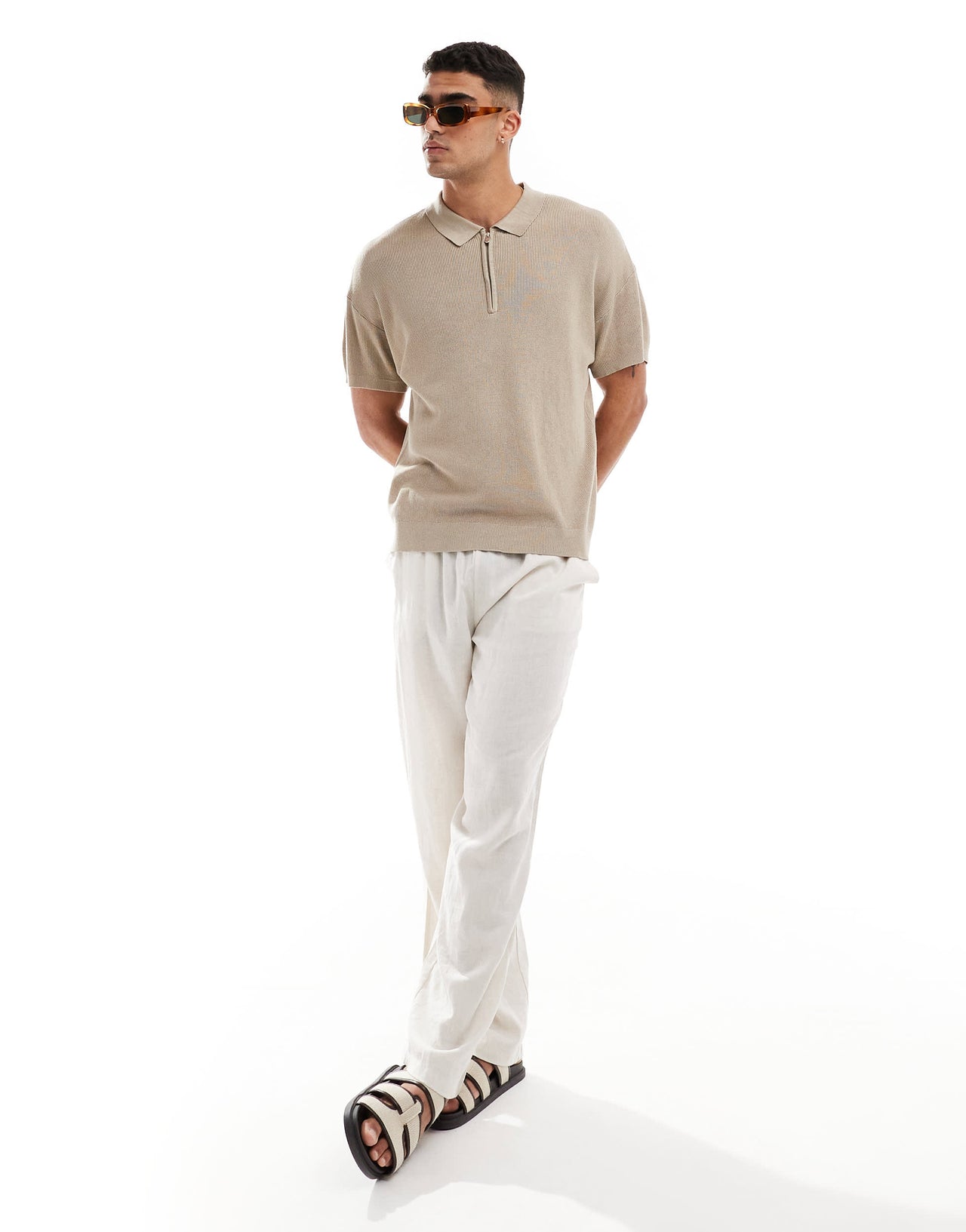 New Look 1/4 zip short sleeve knitted polo in beige