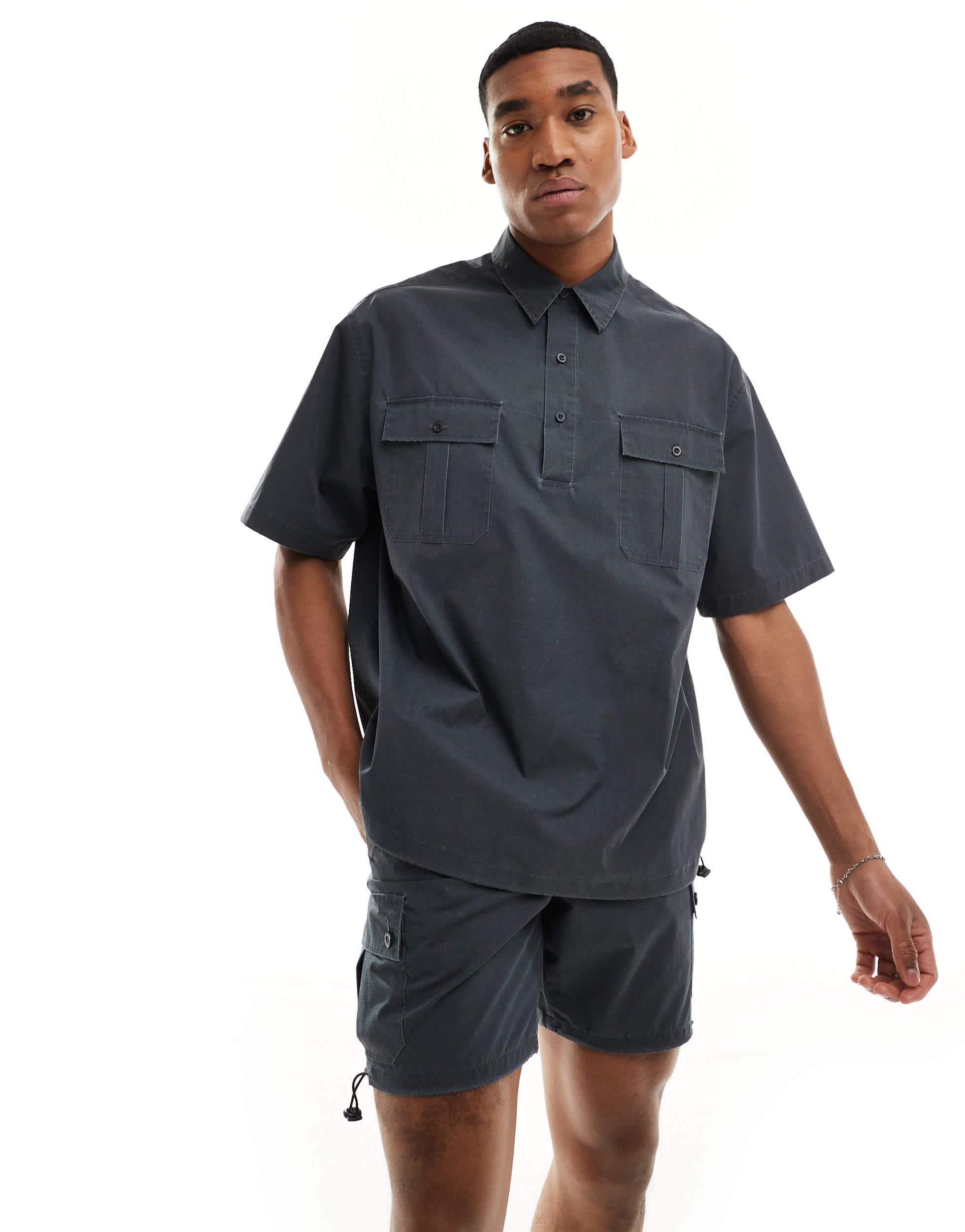 ASOS DESIGN co-ord overhead shirt with cargo pockets in charcoal