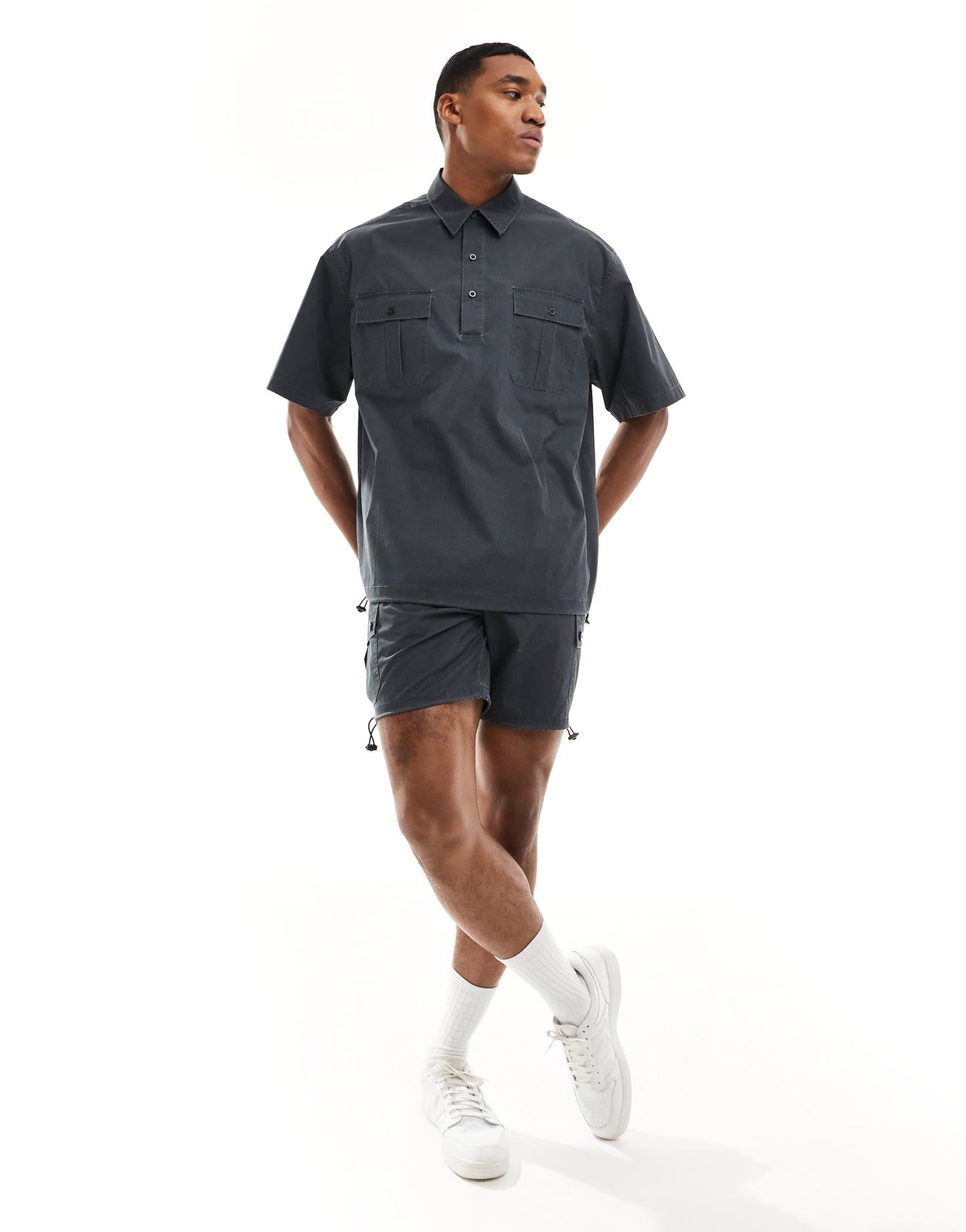 ASOS DESIGN co-ord overhead shirt with cargo pockets in charcoal
